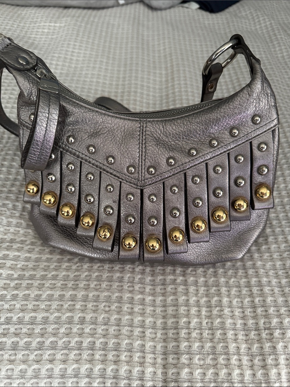 b. makowsky Metallic Silver Fringe Shoulder Bag with Gold & Silver Studs